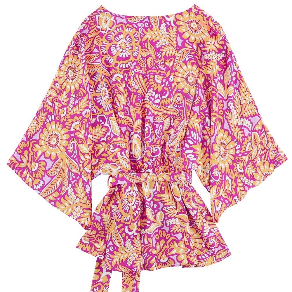 Boho Floral Print Belted Surplice Blouse Bohemian Top - Picture 15 of 15